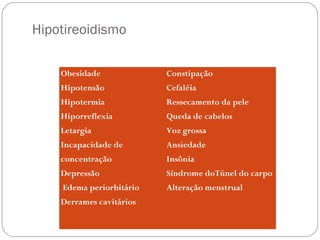 Hipotireoidismo
Obesidade
Hipotensão
Hipotermia
Hiporreflexia
Letargia
Incapacidade de
concentração
Depressão
Edema periorbitário
Derrames cavitários
Constipação
Cefaléia
Ressecamento da pele
Queda de cabelos
Voz grossa
Ansiedade
Insônia
Síndrome doTúnel do carpo
Alteração menstrual
 
