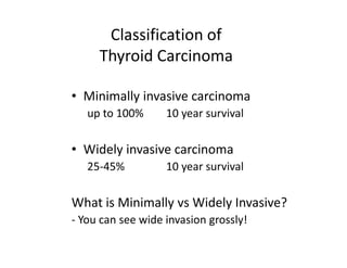 Classification of
     Thyroid Carcinoma

• Minimally invasive carcinoma
   up to 100%      10 year survival

• Widely invasive carcinoma
   25-45%          10 year survival

What is Minimally vs Widely Invasive?
- You can see wide invasion grossly!
 