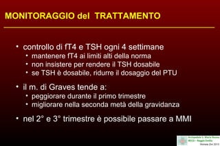 MONITORAGGIO del TRATTAMENTO
• controllo di fT4 e TSH ogni 4 settimane
• mantenere fT4 ai limiti alti della norma
• non insistere per rendere il TSH dosabile
• se TSH è dosabile, ridurre il dosaggio del PTU

• il m. di Graves tende a:
• peggiorare durante il primo trimestre
• migliorare nella seconda metà della gravidanza

• nel 2° e 3° trimestre è possibile passare a MMI

 