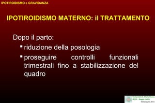 IPOTIROIDISMO e GRAVIDANZA

IPOTIROIDISMO MATERNO: il TRATTAMENTO

Dopo il parto:
 riduzione della posologia
 proseguire
controlli
funzionali
trimestrali fino a stabilizzazione del
quadro

 
