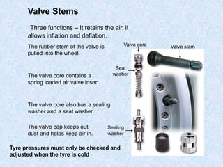 Valve Stems
Three functions – It retains the air, it
allows inflation and deflation.
The rubber stem of the valve is
pulled into the wheel.
The valve core contains a
spring loaded air valve insert.
The valve core also has a sealing
washer and a seat washer.
The valve cap keeps out
dust and helps keep air in.
Sealing
washer
Seat
washer
Valve stemValve core
Tyre pressures must only be checked and
adjusted when the tyre is cold
 