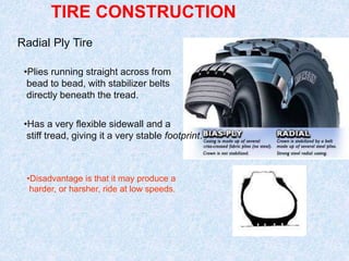 TIRE CONSTRUCTION
Radial Ply Tire
•Plies running straight across from
bead to bead, with stabilizer belts
directly beneath the tread.
•Has a very flexible sidewall and a
stiff tread, giving it a very stable footprint.
•Disadvantage is that it may produce a
harder, or harsher, ride at low speeds.
 
