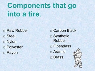 Components that go
into a tire.
 Raw Rubber
 Steel
 Nylon
 Polyester
 Rayon
 Carbon Black
 Synthetic
Rubber
 Fiberglass
 Aramid
 Brass
 