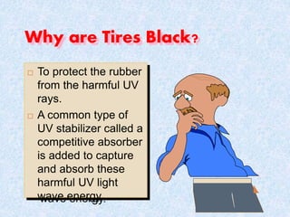 Why are Tires Black?
 To protect the rubber
from the harmful UV
rays.
 A common type of
UV stabilizer called a
competitive absorber
is added to capture
and absorb these
harmful UV light
wave energy.
 