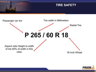 P 265 / 60 R 18 Passenger car tire Tire width in Millimeters Radial Tire Aspect ratio Height to width of tire 60% of width in this case 18 Inch Wheel TIRE SAFETY  