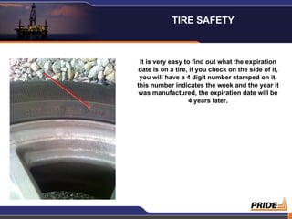 It is very easy to find out what the expiration date is on a tire, if you check on the side of it, you will have a 4 digit number stamped on it, this number indicates the week and the year it was manufactured, the expiration date will be 4 years later. TIRE SAFETY  