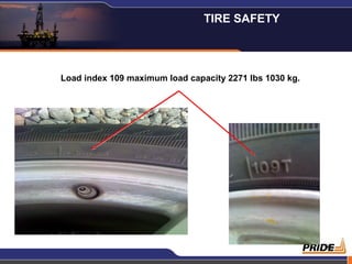 14
Load index 109 maximum load capacity 2271 lbs 1030 kg.
TIRE SAFETY
 