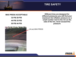 MAX PRESS ACCEPTABLE
32 PSI 28 PSI
44 PSI 35 PSI
50 PSI 44 PSI
Different tires are designed for
different pressures you will find your
maximum tire inflation pressure on a
small number next to the rim on the
side of the tire, never exceed this
pressure
(44 psi) MAX PRESS
TIRE SAFETY
 
