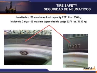 Load index 109 maximum load capacity 2271 lbs 1030 kg. Índice de Carga 109 máxima capacidad de carga 2271 lbs. 1030 kg. TIRE SAFETY  SEGURIDAD DE NEUMATICOS 