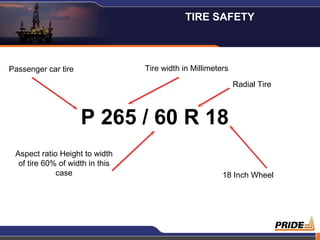 P 265 / 60 R 18 Passenger car tire Tire width in Millimeters Radial Tire Aspect ratio Height to width of tire 60% of width...