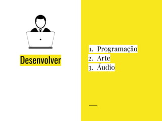 Desenvolver
1. Programação
2. Arte
3. Áudio
 