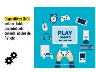 Dispositivos (I/O):
celular, tablet,
pc/notebook,
console, óculos de
RV, etc
 