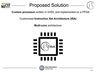 10
Proposed Solution
Customized Instruction Set Architecture (ISA)
Custom processor written in VHDL and implemented on a FPGA
Multi-core architecture
 