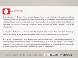 A RETENIR... 
Cette mécanique du One clic Survey (un seul clic dans l’email permet à l’entreprise de stocker une info clé 
utilisable au niveau de la segmentation client) est reproductible et extensible à une infinité de contextes 
marketing. Elle est notamment très performante dans le cadre des emails transactionnels (notification de 
commande, confirmation d’envoi de commande, relevé de points de fidélité, nouveaux produits en 
catalogue, etc.) 
Exemple B to B : Au sein de l’email de notification de commande, inciter le client destinataire du message 
à affiner la précision de son profil en cliquant sur le lien correspondant à la taille de son entreprise. 
ATTENTION ! Seul l’argument de la pertinence de vos prochains envois (« en acceptant de cliquer sur le 
lien indiquant que mon entreprise compte plus de 500 employés, je ne serai plus importuné avec des offres 
ciblant les TPE ») doit être mis en avant pour demander au destinataire de vous aider à mieux le cerner. En 
revanche, abstenez vous de récolter d’autres types d’infos via cette méthode. 
Retour sur le p’tit déjeuner conférence | 
 
