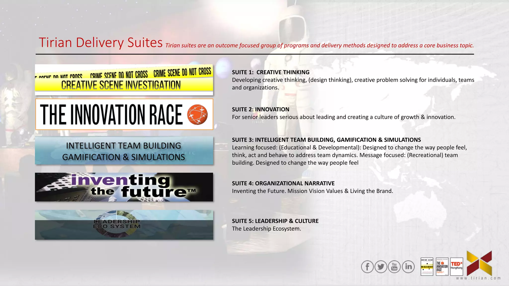 26
w w w . t i r i a n . c o m
Tirian Delivery Suites
SUITE 1: CREATIVE THINKING
Developing creative thinking, (design thinking), creative problem solving for individuals, teams
and organizations.
SUITE 2: INNOVATION
For senior leaders serious about leading and creating a culture of growth & innovation.
SUITE 3: INTELLIGENT TEAM BUILDING, GAMIFICATION & SIMULATIONS
Learning focused: (Educational & Developmental): Designed to change the way people feel,
think, act and behave to address team dynamics. Message focused: (Recreational) team
building. Designed to change the way people feel
SUITE 4: ORGANIZATIONAL NARRATIVE
Inventing the Future. Mission Vision Values & Living the Brand.
SUITE 5: LEADERSHIP & CULTURE
The Leadership Ecosystem.
INTELLIGENT TEAM BUILDING
GAMIFICATION & SIMULATIONS
Tirian suites are an outcome focused group of programs and delivery methods designed to address a core business topic.
w w w . t i r i a n . c o m
 