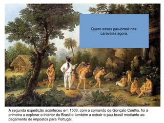 A segunda expedição aconteceu em 1503, com o comando de Gonçalo Coelho, foi a
primeira a explorar o interior do Brasil e também a extrair o pau-brasil mediante ao
pagamento de impostos para Portugal.
Quero esses pau-brasil nas
caravelas agora.
 