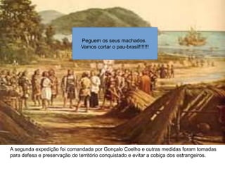 A segunda expedição foi comandada por Gonçalo Coelho e outras medidas foram tomadas
para defesa e preservação do território conquistado e evitar a cobiça dos estrangeiros.
Peguem os seus machados.
Vamos cortar o pau-brasil!!!!!!!
 
