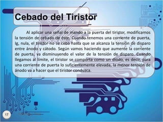 Cebado del Tiristor
Tiristores y Triac17
Al aplicar una señal de mando a la puerta del tiristor, modificamos
la tensión de...