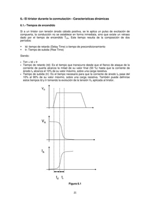 6.- El tiristor durante la conmutación - Características dinámicas

6.1.- Tiempos de encendido

Si a un tiristor con tensión ánodo cátodo positiva, se le aplica un pulso de excitación de
compuerta, la conducción no se establece en forma inmediata, sino que existe un retraso
dado por el tiempo de encendido TON. Este tiempo resulta de la composición de dos
períodos:

   td: tiempo de retardo (Delay Time) o tiempo de precondicionamiento
   tr: Tiempo de subida (Rise Time)

Siendo:

  Ton = td + tr
  Tiempo de retardo (td): Es el tiempo que transcurre desde que el flanco de ataque de la
  corriente de puerta alcanza la mitad de su valor final (50 %) hasta que la corriente de
  ánodo IA alcanza el 10% de su valor máximo, sobre una carga resistiva.
  Tiempo de subida (tr): Es el tiempo necesario para que la corriente de ánodo IA pase del
  10% al 90% de su valor máximo, sobre una carga resistiva. También puede definirse
  estos tiempos td y tr tomando la evolución de la tensión VA aplicada al tiristor.


                 VG




                 VA




                 IA




                             td tr
                                       Figura 6.1


                                           21
 