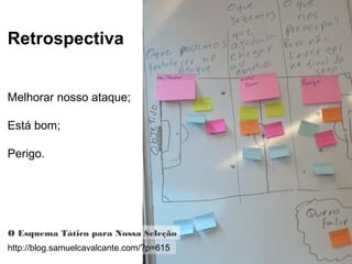 Globalcode – Open4education
Retrospectiva
Melhorar nosso ataque;
Está bom;
Perigo.
http://blog.samuelcavalcante.com/?p=615
O Esquema Tático para Nossa Seleção
 