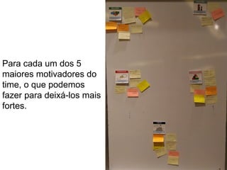 Globalcode – Open4education
Para cada um dos 5
maiores motivadores do
time, o que podemos
fazer para deixá-los mais
fortes.
 