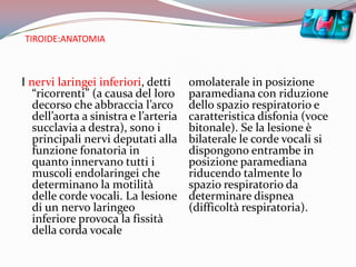 I nervi laringei inferiori, detti “ricorrenti” (a causa del loro decorso che abbraccia l’arco dell’aorta a sinistra e l’arteria succlavia a destra), sono i principali nervi deputati alla funzione fonatoria in quanto innervano tutti i muscoli endolaringei che determinano la motilità delle corde vocali. La lesione di un nervo laringeo inferiore provoca la fissità della corda vocale omolaterale in posizione paramediana con riduzione dello spazio respiratorio e caratteristica disfonia (voce bitonale). Se la lesione è bilaterale le corde vocali si dispongono entrambe in posizione paramediana riducendo talmente lo spazio respiratorio da determinare dispnea (difficoltà respiratoria).TIROIDE:ANATOMIA