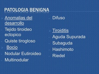 PATOLOGIA BENIGNA
 Anomalias del
desarrollo
- Tejido tiroideo
ectopico
- Quiste tirogloso
 Bocio
- Nodular Eutiroideo
- Multinodular
- Difuso
 Tiroiditis
- Aguda Supurada
- Subaguda
- Hashimoto
- Riedel
 