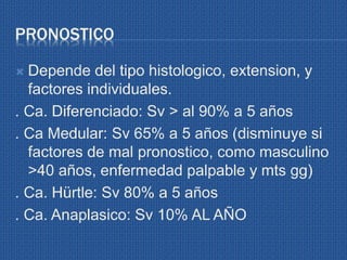PRONOSTICO
 Depende del tipo histologico, extension, y
factores individuales.
. Ca. Diferenciado: Sv > al 90% a 5 años
. Ca Medular: Sv 65% a 5 años (disminuye si
factores de mal pronostico, como masculino
>40 años, enfermedad palpable y mts gg)
. Ca. Hürtle: Sv 80% a 5 años
. Ca. Anaplasico: Sv 10% AL AÑO
 