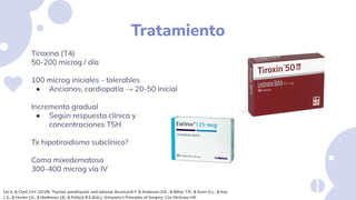 Tratamiento
Tiroxina (T4)
50-200 microg / día
100 microg iniciales - tolerables
● Ancianos, cardiopatía → 20-50 inicial
In...