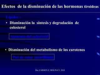 Dra. CARMEN Z. MOLINA V. 2010
Efectos de la disminución de las hormonas tiroideas
Lipidos :
• Disminución la síntesis y degradación de
colesterol
Aumento del colesterol
• Disminución del metabolismo de los carotenos
Piel de color amarillento
 