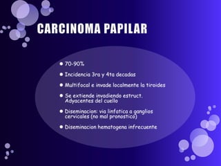 CARCINOMA PAPILAR70-90%Incidencia 3ra y 4ta decadasMultifocal e invade localmente la tiroidesSe extiendeinvadiendoestruct. Adyacentes del cuelloDiseminacion: via linfatica a ganglioscervicales (no mal pronostico)Diseminacionhematogenainfrecuente