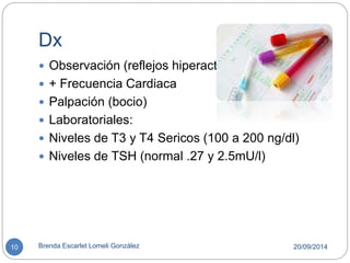 Dx 
 Observación (reflejos hiperactivos) 
 + Frecuencia Cardiaca 
 Palpación (bocio) 
 Laboratoriales: 
 Niveles de T3 y T4 Sericos (100 a 200 ng/dl) 
 Niveles de TSH (normal .27 y 2.5mU/l) 
10 Brenda Escarlet Lomeli González 20/09/2014 
 