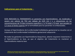 Indicaciones para el tratamiento -
ESTA INDICADO EL TRATAMIENTO en gestantes con hipertiroidismo de moderado a
severo con valores de TSH por debajo de 0,05 mU / L y elevaciones en las
concentraciones de T4 libre trimestre específica y / o T4 total y T3 total que exceden el
1,5 veces el límite superior de la normalidad para los pacientes no embarazadas.
Aunque el hipertiroidismo de la enfermedad trofoblástica gestacional se resuelve con el
tratamiento de la enfermedad trofoblástica gestacional subyacente .
No todos las gestantes con hipertiroidismo bioquímico, abierto requieren tratamiento si
el hipertiroidismo es leve, ya que el objetivo del tratamiento es mantener el
hipertiroidismo materno leve.
2016 Guías de la Asociación Americana de la Tiroides para diagnóstico y manejo del hipertiroidismo y otras causas de tirotoxicosis. Ross DS, Burch HB, Cooper
DS, Greenlee MC, Laurberg P, Maia AL, Rivkees SA, Samuels M, Sosa JA, Stan MN, Walter MA Tiroides. 2016; 26 (10): 1343.
 