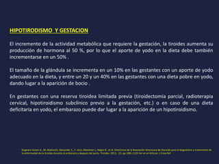 HIPOTIRODISMO Y GESTACION
El incremento de la actividad metabólica que requiere la gestación, la tiroides aumenta su
producción de hormona al 50 %, por lo que el aporte de yodo en la dieta debe también
incrementarse en un 50% .
El tamaño de la glándula se incrementa en un 10% en las gestantes con un aporte de yodo
adecuado en la dieta, y entre un 20 y un 40% en las gestantes con una dieta pobre en yodo,
dando lugar a la aparición de bocio .
En gestantes con una reserva tiroidea limitada previa (tiroidectomía parcial, radioterapia
cervical, hipotiroidismo subclínico previo a la gestación, etc.) o en caso de una dieta
deficitaria en yodo, el embarazo puede dar lugar a la aparición de un hipotiroidismo.
Stagnaro-Green A., M. Abalovich, Alexander E., F. Azizi, Mestman J., Negro R., et al: Directrices de la Asociación Americana de thyroïde para el diagnóstico y tratamiento de
la enfermedad de la tiroides durante el embarazo y después del parto. Tiroides. 2011; . 21: pp 1081-1125 Ver en el Artículo | Cross Ref
 