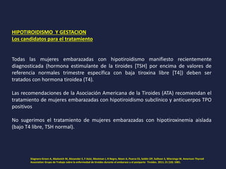 HIPOTIROIDISMO Y GESTACION
Los candidatos para el tratamiento
Todas las mujeres embarazadas con hipotiroidismo manifiesto recientemente
diagnosticada (hormona estimulante de la tiroides [TSH] por encima de valores de
referencia normales trimestre específica con baja tiroxina libre [T4]) deben ser
tratados con hormona tiroidea (T4).
Las recomendaciones de la Asociación Americana de la Tiroides (ATA) recomiendan el
tratamiento de mujeres embarazadas con hipotiroidismo subclínico y anticuerpos TPO
positivos
No sugerimos el tratamiento de mujeres embarazadas con hipotiroxinemia aislada
(bajo T4 libre, TSH normal).
Stagnaro-Green A, Abalovich M, Alexander E, F Azizi, Mestman J, R Negro, Nixon A, Pearce ES, Soldin OP, Sullivan S, Wiersinga W, American Thyroid
Association Grupo de Trabajo sobre la enfermedad de tiroides durante el embarazo y el postparto Tiroides. 2011; 21 (10): 1081.
 