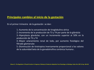 Principales cambios al inicio de la gestación
En el primer trimestre de la gestación se dan:
1.-Aumento de la concentración de tiroglobulina sérica
2.-Incremento de la producción de T3 y T4 por parte de la glándula
3.-Hiperplasia glandular, con un incremento superior al 50% en la
producción de T3 y T4
4.-Mayor aclaramiento renal de Iodo, por aumento fisiológico del
filtrado glomerular.
5.-Disminución de tirotropina inversamente proporcional a los valores
de la subunidad beta de la gonadotrofina coriónica humana .
Glinoer D.: The Regulation of Thyroid Function in Pregnancy: Pathways of Endocrine Adaptation from Physiology to Pathology. Endocr Rev 1997; 18: pp. 404-433
 