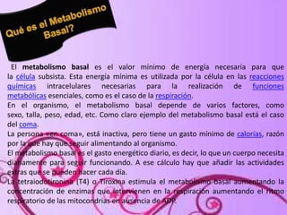 El metabolismo basal es el valor mínimo de energía necesaria para que
la célula subsista. Esta energía mínima es utilizada por la célula en las reacciones
químicas intracelulares necesarias para la realización de funciones
metabólicas esenciales, como es el caso de la respiración.
En el organismo, el metabolismo basal depende de varios factores, como
sexo, talla, peso, edad, etc. Como claro ejemplo del metabolismo basal está el caso
del coma.
La persona «en coma», está inactiva, pero tiene un gasto mínimo de calorías, razón
por la que hay que seguir alimentando al organismo.
El metabolismo basal es el gasto energético diario, es decir, lo que un cuerpo necesita
diariamente para seguir funcionando. A ese cálculo hay que añadir las actividades
extras que se pueden hacer cada día.
La tetraiodotironina (T4) o Tiroxina estimula el metabolismo basal aumentando la
concentración de enzimas que intervienen en la respiración aumentando el ritmo
respiratorio de las mitocondrias en ausencia de ADP.

 
