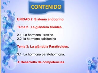 UNIDAD 2. Sistema endocrino
Tema 2. La glándula tiroides.
2.1. La hormona tiroxina.
2.2. la hormona calcitonina
Tema 3: La glándula Paratiroides.

3.1. La hormona paratohormona.
 Desarrollo de competencias

 