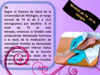 T4
Según el Sistema de Salud de la
Universidad de Michigan, el rango
normal de T4 es de 5 a 13,5
microgramos por decilitro. Si el
nivel
de
T4
es
más
elevado, entonces la tiroides está
produciendo demasiada hormona
o la dosis de la medicación de
reemplazo tiroideo es demasiado
elevada. Un nivel inferior indica
una disminución de la función
tiroidea o que la dosis de la
medicación de reemplazo tiroideo
es demasiado baja.

 