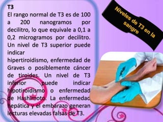 T3
El rango normal de T3 es de 100
a
200
nanogramos
por
decilitro, lo que equivale a 0,1 a
0,2 microgramos por decilitro.
Un nivel de T3 superior puede
indicar
hipertiroidismo, enfermedad de
Graves o posiblemente cáncer
de tiroides. Un nivel de T3
inferior
puede
indicar
hipotiroidismo o enfermedad
de Hashimoto. La enfermedad
hepática y el embarazo generan
lecturas elevadas falsas de T3.

 
