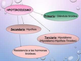 HPOTIROIDISMO
Primario: Glándula tiroidea
Secundario: Hipófisis
Terciario: Hipotálamo
(Hipotálamo-Hipófisis-Tiroides)
Resistencia a las hormonas
tiroideas.
 