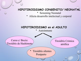HIPOTIROIDISMO CONGENITO/ NEONATAL
• Screening Neonatal
• Afecta desarrollo intelectual y corporal
HIPOTIROIDISMO en el ADULTO
• Autoinmune
Curso c/ Bocio:
Tiroiditis de Hashimoto
Tiroiditis Crónica
atrófica
• Tiroiditis silentes
Postparto
 