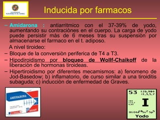 Amidarona   :   antiarritmico con el 37-39% de yodo, aumentando su contraciònes en el cuerpo. La carga de yodo puede persistir màs de 6 meses tras su suspensiòn por almacenarse el farmaco en el t. adiposo. A nivel tiroideo: Bloque de la conversiòn periferica de T4 a T3. Hipodiroidismo por  bloqueo de Wollf-Chaikoff  de la liberaciòn de hormonas tiroideas. Hipertiroidismo por diferentes mecamismos: a) fenomeno de Jod-Basedow; b) inflamatorio, de curso similar a una tiroiditis subaguda; c) inducciòn de enfermedad de Graves. . Inducida por farmacos 