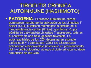 TIROIDITIS CRONICA AUTOINMUNE (HASHIMOTO)  PATOGENIA:  El proceso autoinmune parece ponerse en marcha por la activación de los Linfocitos T helper (CD4) puesta en marcha por la pérdida de la inmunotolerancia central (tímica) o periférica y/o por pérdida de actividad de Linfocitos T supresores, todo en el contexto de una base genética favorable. La autorreactividad de los CD4 determina un estímulo Linfocitos B y T citotóxicos (CD8); los LB producen anticuerpos antiperoxidasa (interviene en procesamiento del I) y antitiroglobulina, aunque el daño principal se debe a la acción de los CD8. 