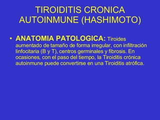 TIROIDITIS CRONICA AUTOINMUNE (HASHIMOTO) ANATOMIA PATOLOGICA:  Tiroides aumentado de tamaño de forma irregular, con infiltración linfocitaria (B y T), centros germinales y fibrosis. En ocasiones, con el paso del tiempo, la Tiroiditis crónica autoinmune puede convertirse en una Tiroiditis atrófica. 