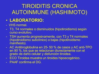 TIROIDITIS CRONICA AUTOINMUNE (HASHIMOTO) LABORATORIO: -  VHS normal. T3, T4 normales o disminuidos (hipotiroidismo) según curso evolutivo. TSH aumenta progresivamente, con T3 y T4 normales (hipotiroidismo subclínico) o bajas (hipotiroidismo manifiesto). AC Antitiroglobulina en 25- 50 % de casos y AC anti-TPO en 90 %, los que se relacionan diurectamente con el grado de daño celular y disfunción tiroidea. ECO Tiroidea muestra un tiroides hipoecogénico. PAAF confirma el DG. 