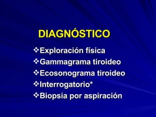 DIAGNÓSTICO Exploración física Gammagrama tiroideo Ecosonograma tiroideo Interrogatorio* Biopsia por aspiración 