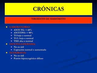 CRÓNICAS TIROIDITIS DE HASHIMOTO LABORATORIO: ANTI TG: + 60% ANTITPO: + 90% T4 bajo o normal T4 L baja o normal TSH alta o normal CENTELLOGRAMA:  No es útil Captación normal o aumentada ECOGRAFIA: No es útil Patrón hipoecogénico difuso 