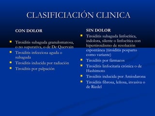 CCLLAASSIIFFIICCIIAACCIIÓÓNN CCLLIINNIICCAA 
CCOONN DDOOLLOORR 
 TTiirrooiiddiittiiss ssuubbaagguuddaa ggrraannuulloommaattoossaa,, 
oo nnoo ssuuppuurraattiivvaa,, oo ddee DDee QQuueerrvvaaiinn 
 TTiirrooiiddiittiiss iinnffeecccciioossaa aagguuddaa oo 
ssuubbaagguuddaa 
 TTiirrooiiddiittiiss iinndduucciiddaa ppoorr rraaddiiaacciióónn 
 TTiirrooiiddiittiiss ppoorr ppaallppaacciióónn 
SSIINN DDOOLLOORR 
 Tiroiditis subaguda linfocítica, 
indolora, silente o linfocítica con 
hipertiroidismo de resolución 
espontánea (tiroiditis posparto 
como variante) 
 Tiroiditis por fármacos 
 Tiroiditis linfocitaria crónica o de 
Hashimoto 
 Tiroiditis inducida por Amiodarona 
 Tiroiditis fibrosa, leñosa, invasiva o 
de Riedel 
 