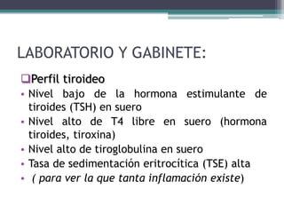 LABORATORIO Y GABINETE:
Perfil tiroideo
• Nivel bajo de la hormona estimulante de
tiroides (TSH) en suero
• Nivel alto de T4 libre en suero (hormona
tiroides, tiroxina)
• Nivel alto de tiroglobulina en suero
• Tasa de sedimentación eritrocítica (TSE) alta
• ( para ver la que tanta inflamación existe)

 